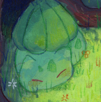 2024 gouache and colored pencil sketch. a bulbasaur is curled up and sleeping. it lies in a patch of sunlight, surrounded by flowers, in a dark forest.